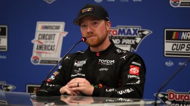 Mar 1, 2026; Austin, Texas, USA; NASCAR Cup Series driver Tyler Reddick (45) addresses the media after winning the NASCAR Cup Series Duramax Texas Grand Prix Powered by RelaDyne at Circuit of the Americas.