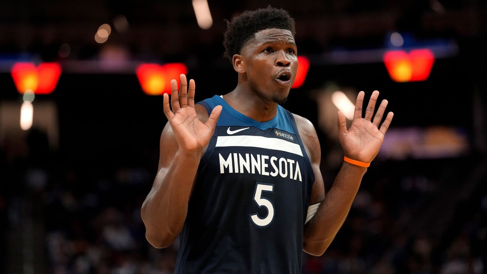 Mar 13, 2026; San Francisco, California, USA; Minnesota Timberwolves guard Anthony Edwards (5) reacts after the Timberwolves were called for a foul against the Golden State Warriors in the fourth quarter at the Chase Center
