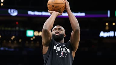 Boston Celtics forward Jaylen Brown (7) warms up before playing against the Philadelphia 76ers at TD Garden.