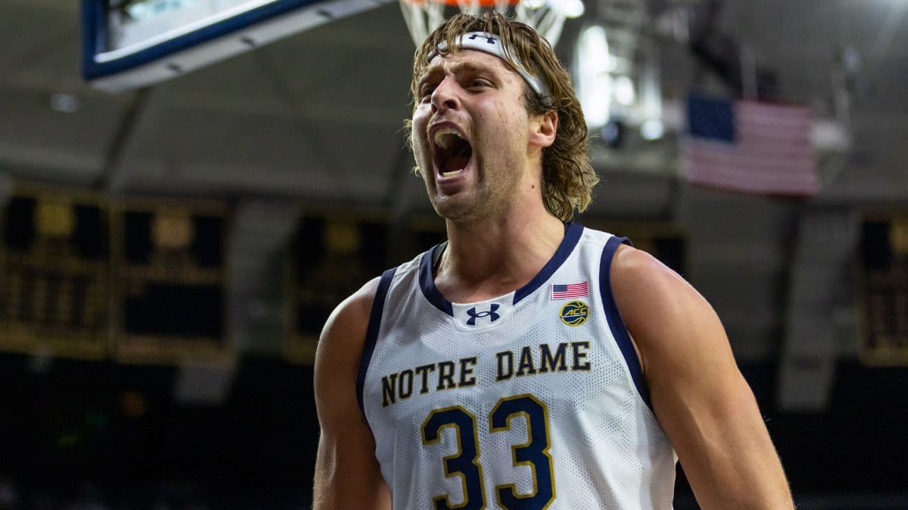Notre Dame Fighting Irish forward Carson Towt (33) celebrates against the Boston College Eagles during the second half at Purcell Pavilion at the Joyce Center.