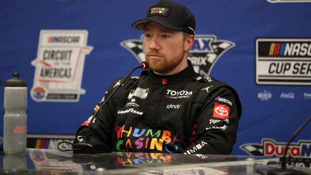 Feb 28, 2026; Austin, Texas, USA; NASCAR Cup Series driver Tyler Reddick (45) after winning the pole for the DuraMAX Texas Grand Prix Powered by RelaDyne at Circuit of the Americas.