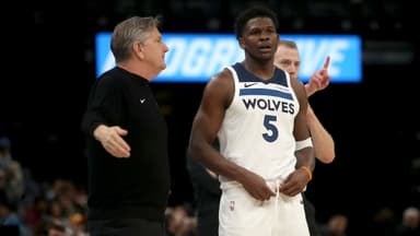 Jan 31, 2026; Memphis, Tennessee, USA; Minnesota Timberwolves guard Anthony Edwards (5) talks with head coach Chris Finch during the fourth quarter against the Memphis Grizzlies at FedExForum.