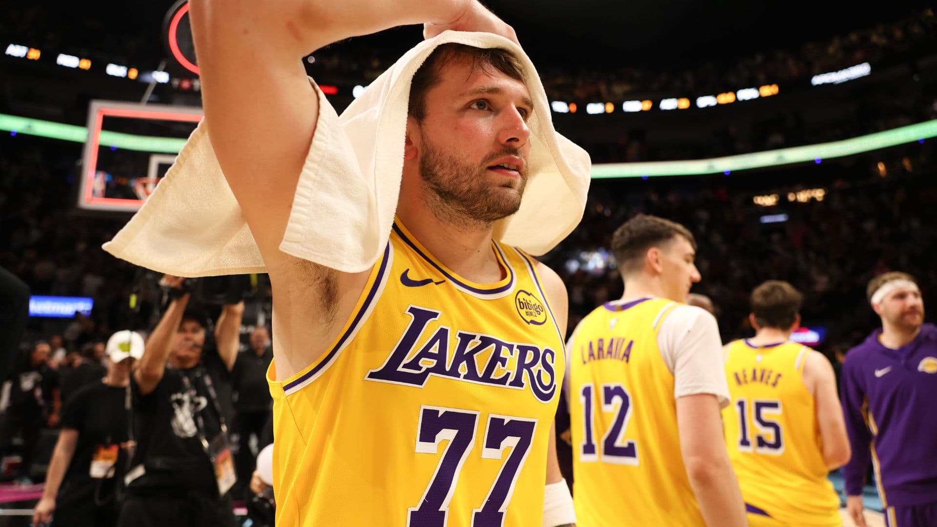 Mar 19, 2026; Miami, Florida, USA; Los Angeles Lakers guard Luka Doncic (77) after 60 point game against the Miami Heat at Kaseya Center.
