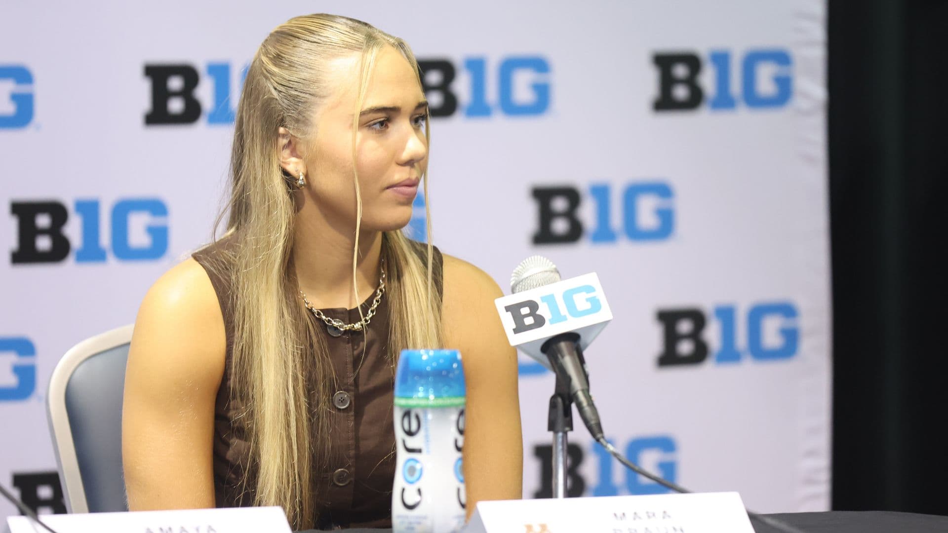 Oct 8, 2025; Rosemont, Illinois, USA; Minnesota’s Mara Braun speaks during Big Ten Women’s Basketball Media Days at the Donald E. Stephens Convention Center.