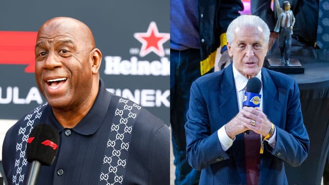 Magic Johnson (L), Pat Riley (R)