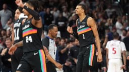 Mar 6, 2026; San Antonio, Texas, USA; San Antonio Spurs forward Victor Wembanyama (1) reacts during the second half against the Los Angeles Clippers at Frost Bank Center