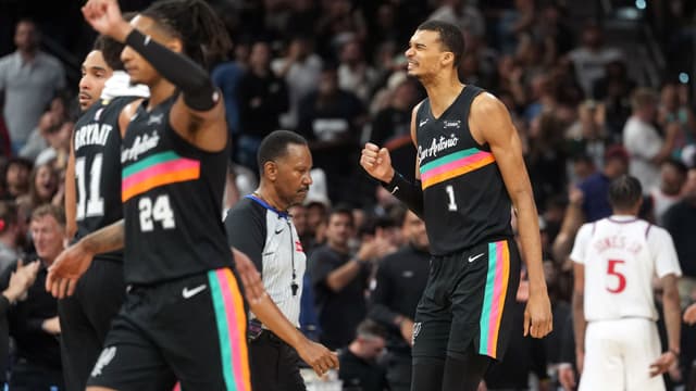 Mar 6, 2026; San Antonio, Texas, USA; San Antonio Spurs forward Victor Wembanyama (1) reacts during the second half against the Los Angeles Clippers at Frost Bank Center