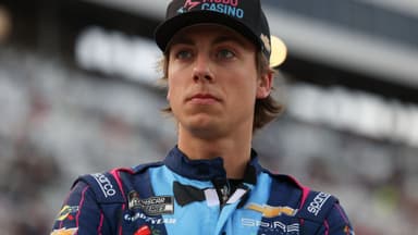 Oct 25, 2025; Martinsville, Virginia, USA; NASCAR Cup Series driver Carson Hocevar (77) before NASCAR Cup Series Xfinity 500 Qualifying at Martinsville Speedway.