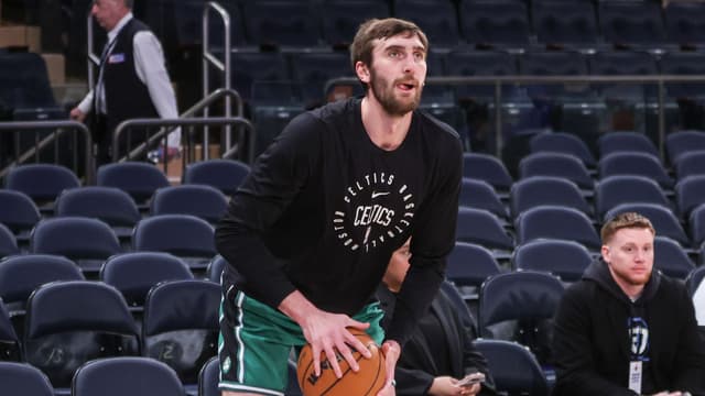Feb 8, 2025; New York, New York, USA; Boston Celtics center Luke Kornet (40) warms up prior to the game against the New York Knicks at Madison Square Garden.
