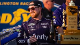 Mar 22, 2026; Darlington, South Carolina, USA; 23XI Racing Tyler Reddick (45) celebrates in Victory Lane after winning at Darlington Raceway