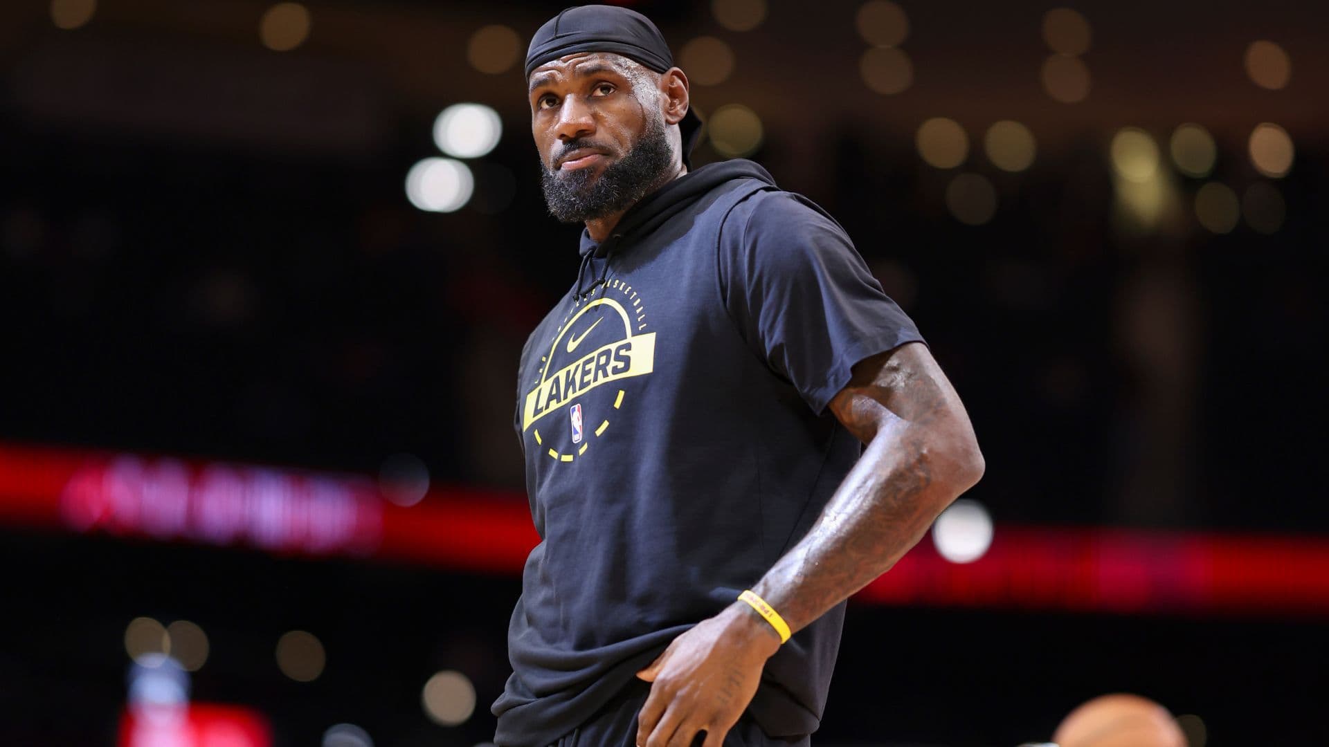 Mar 16, 2026; Houston, Texas, USA; Los Angeles Lakers forward LeBron James (23) warms up before the game against the Houston Rockets at Toyota Center.