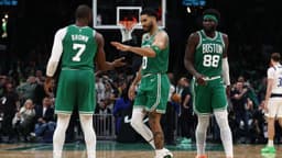 Jaylen Brown, Jayson Tatum and Neemias Queta