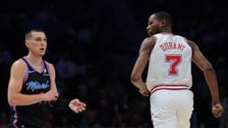 Feb 28, 2026; Miami, Florida, USA; Houston Rockets forward Kevin Durant (7) stares at Miami Heat guard Tyler Herro (14) during the second quarter at Kaseya Center.
