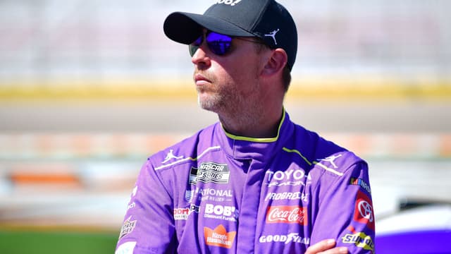 Mar 14, 2026; Las Vegas, Nevada, USA; Joe Gibbs Racing driver Denny Hamlin (11) during qualifying at Las Vegas Motor Speedway