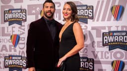 Bubba Wallace and his wife Amanda Wallace poses on the red carpet for the 2023 NASCAR Awards Banquet at the Music City Center in Nashville, Tenn., Thursday, Nov. 30, 2023.