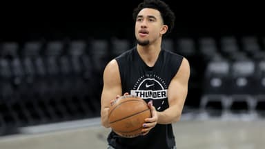 Mar 18, 2026; Brooklyn, New York, USA; Oklahoma City Thunder guard Jared McCain (3) warms up before a game against the Brooklyn Nets at Barclays Center